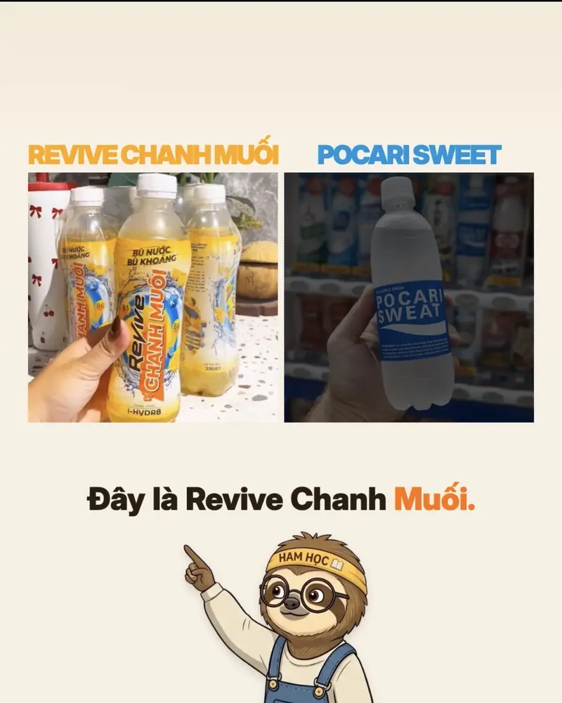 So sánh Revive Chanh Muối và Pocari Sweat cùng mascot Lười Ham Học.