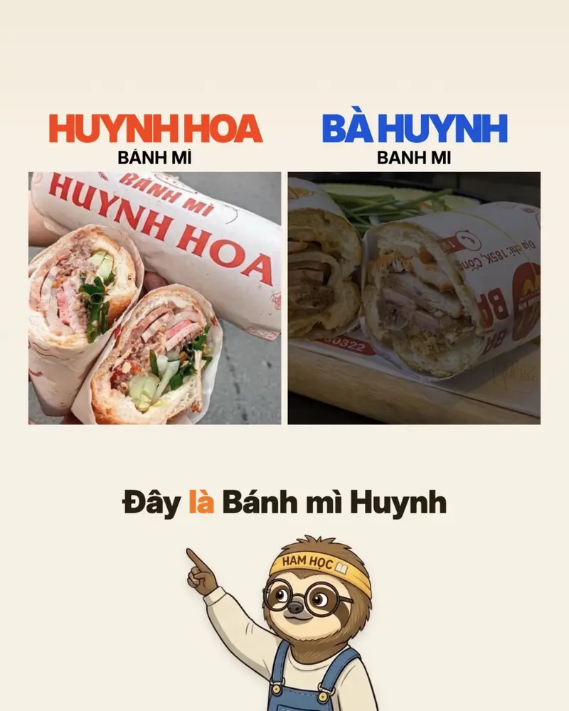 So sánh bánh mì Huỳnh Hoa và Bà Huỳnh cùng mascot Lười Ham Học.