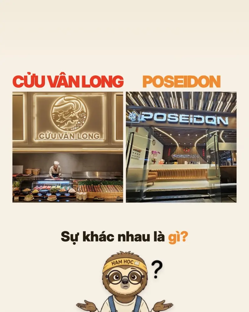 So sánh buffet Cửu Vân Long và Poseidon cùng mascot Lười Ham Học.